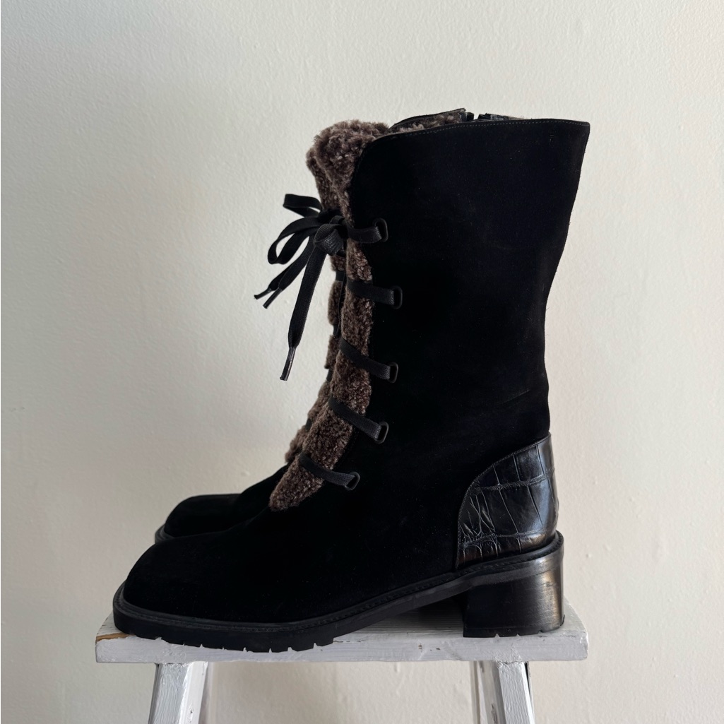 Vintage Stuart Weitzman Lace Up Winter Boots Suede Leather Fur Lined 8.5 Black